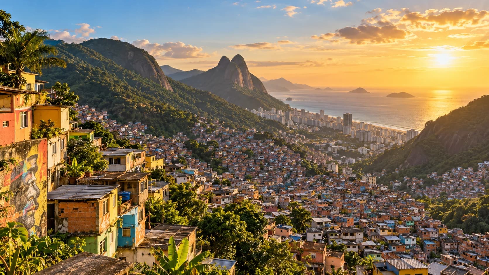 Ilustração de casas da comunidade entre montanhas