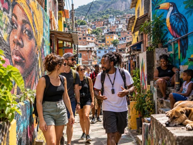 Ilustração de um grupo caminhando por uma viela com arte urbana