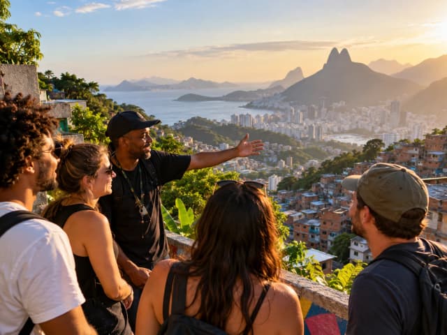 Ilustração de um guia apresentando a paisagem a um grupo