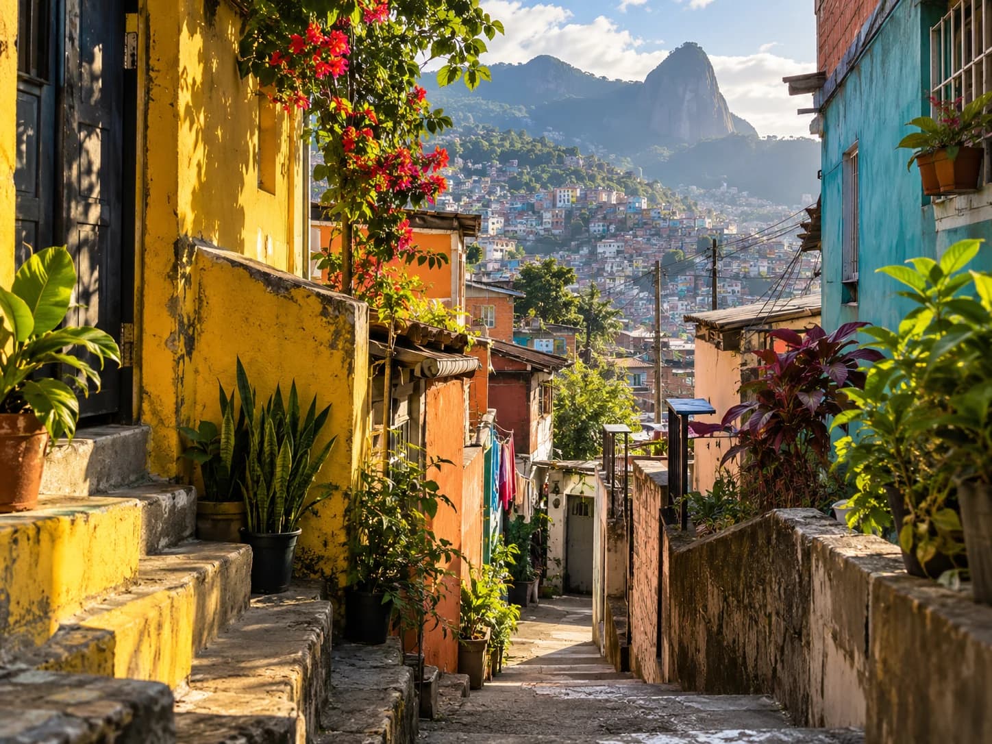 Ilustração de uma viela colorida com vista para as montanhas