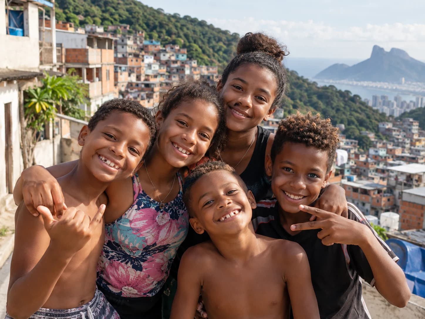 Ilustração de um grupo de crianças sorrindo na comunidade